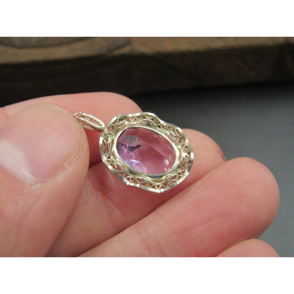 18" Sterling Silver Good Size Purple Amethyst Pendant Necklace Vintage - Picture 4 of 7